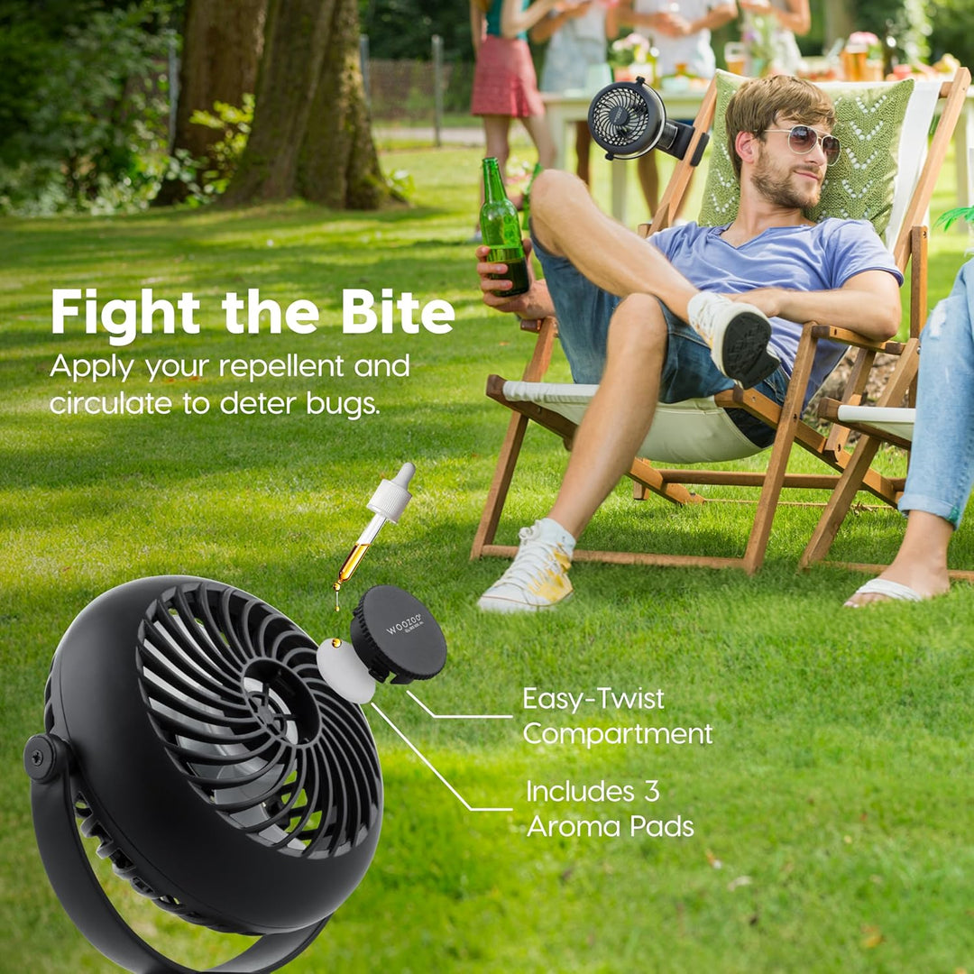 Person relaxing in a chair with a bug repellent device, surrounded by greenery.