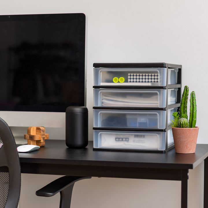 Medium 4-Drawer Compact Desktop Organizer, Stacking Desktop Unit, Black-Clear, Single Pk - IRIS USA, Inc.