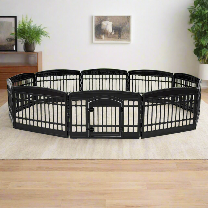 24" 10 Panel Exercise Pet Playpen with Door for Dog, Black - IRIS USA