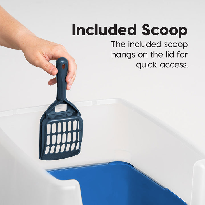 Large Cat Litter Box with Scatter Shield and Scoop, Open Top High Sided Cat Litter Pan, Blue - IRIS USA