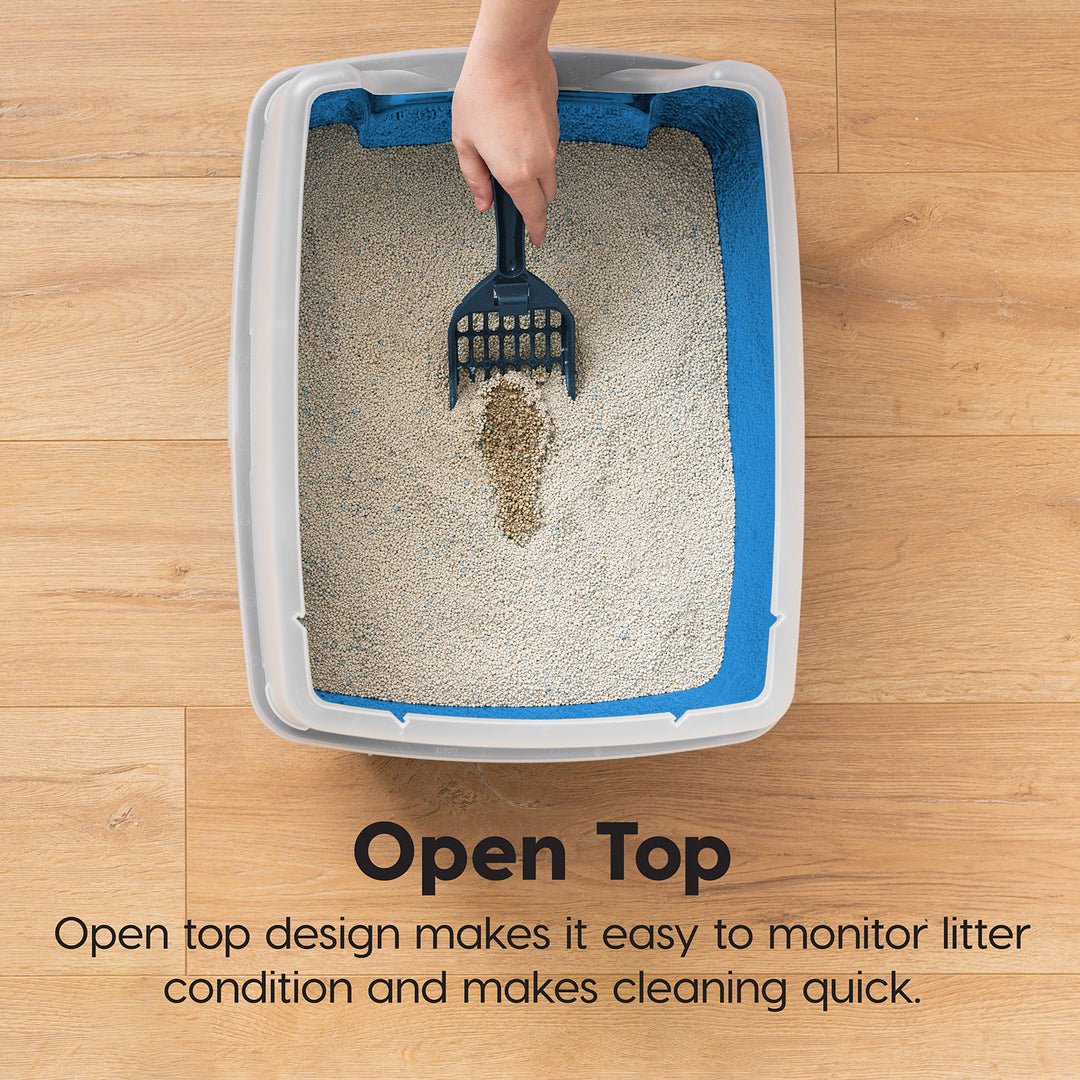 Large Cat Litter Box with Scatter Shield and Scoop, Open Top High Sided Cat Litter Pan, Blue - IRIS USA
