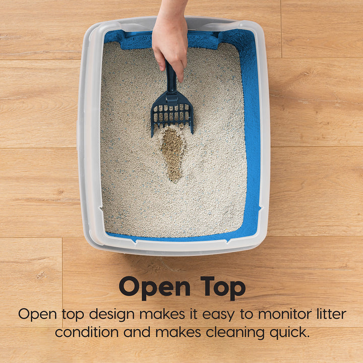 Large Cat Litter Box with Scatter Shield and Scoop, Open Top High Sided Cat Litter Pan, Blue - IRIS USA