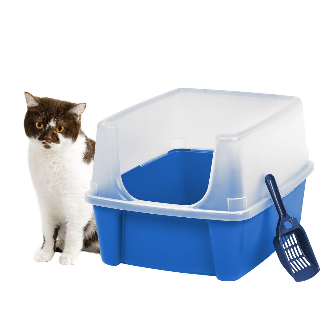 Large Cat Litter Box with Scatter Shield and Scoop, Open Top High Sided Cat Litter Pan, Blue - IRIS USA