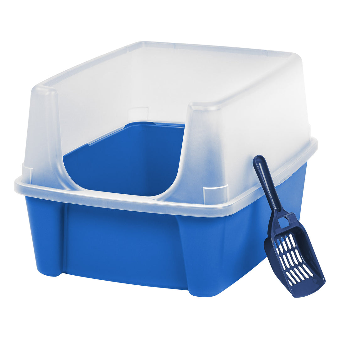 Large Cat Litter Box with Scatter Shield and Scoop, Open Top High Sided Cat Litter Pan, Blue - IRIS USA