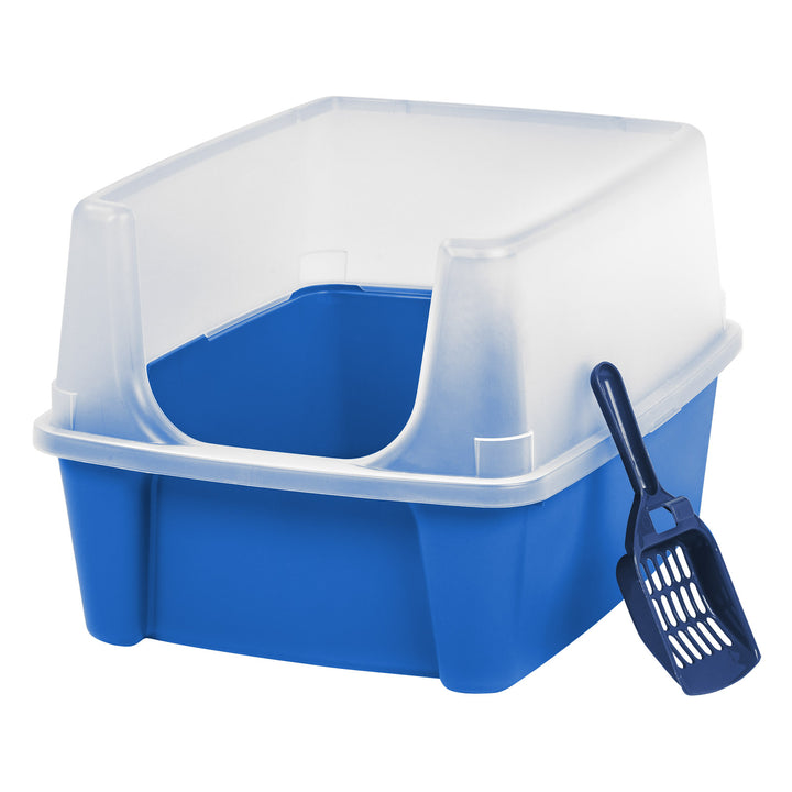 Large Cat Litter Box with Scatter Shield and Scoop, Open Top High Sided Cat Litter Pan, Blue - IRIS USA