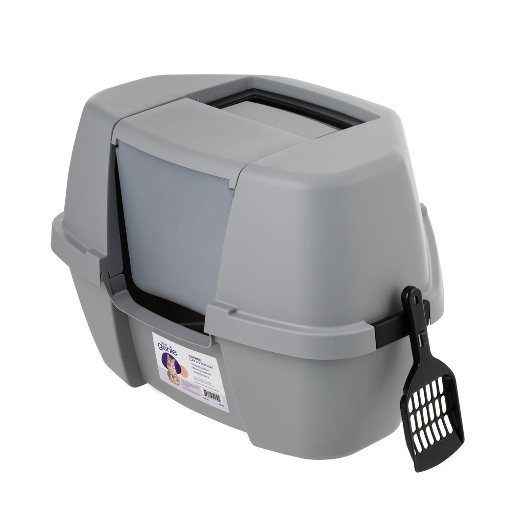 Litter Genie Corner Cat Litter Box Enclosed with Scoop, Easy Access, Hooded Litter Tray - IRIS USA