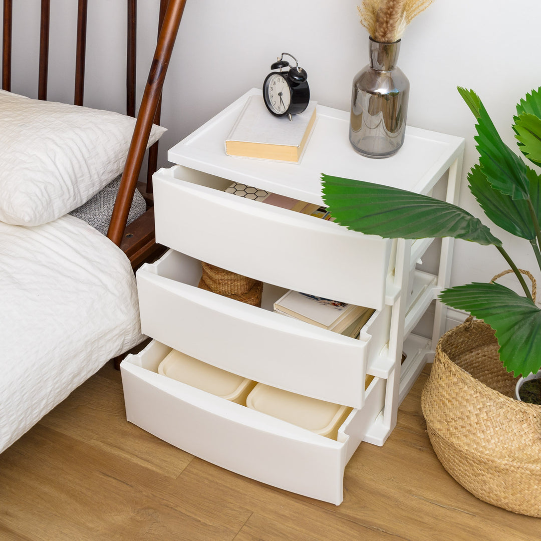 3 Wide Drawer Storage, Organizer Unit for Bedroom, Living Room, White, Set of 2