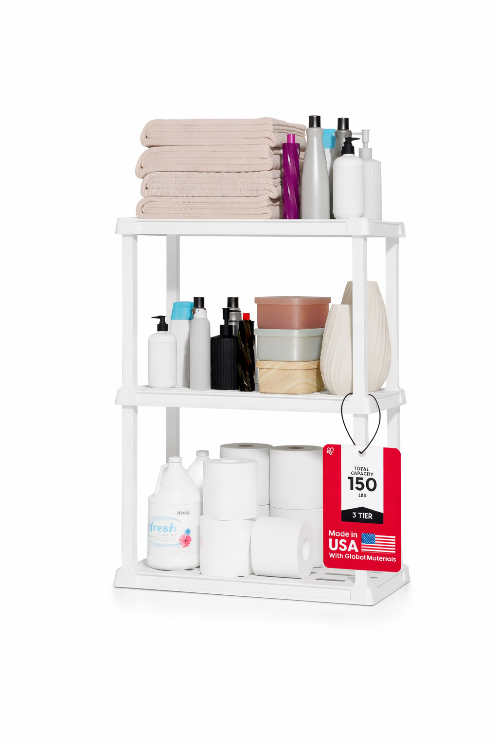 White three-tier shelf with bathroom products on a white background