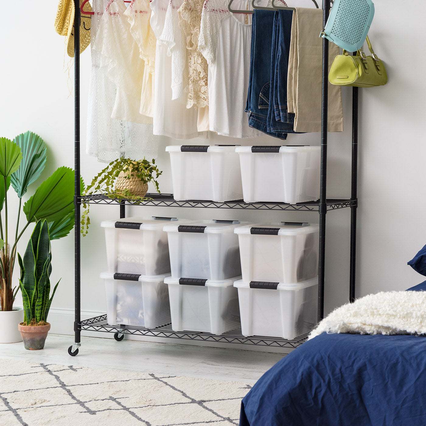Pearl Shell Rope Storage Rack 19 Qt. (4.75 Gal.) Pearl Latch Box, Stackable Plastic Storage Bins wit ...