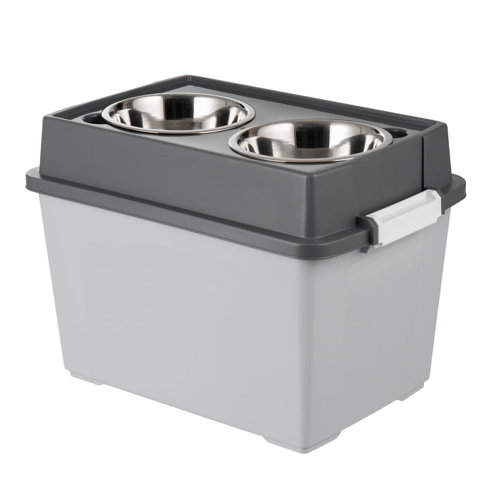 Pet food bowl station with two stainless steel bowls on a white background