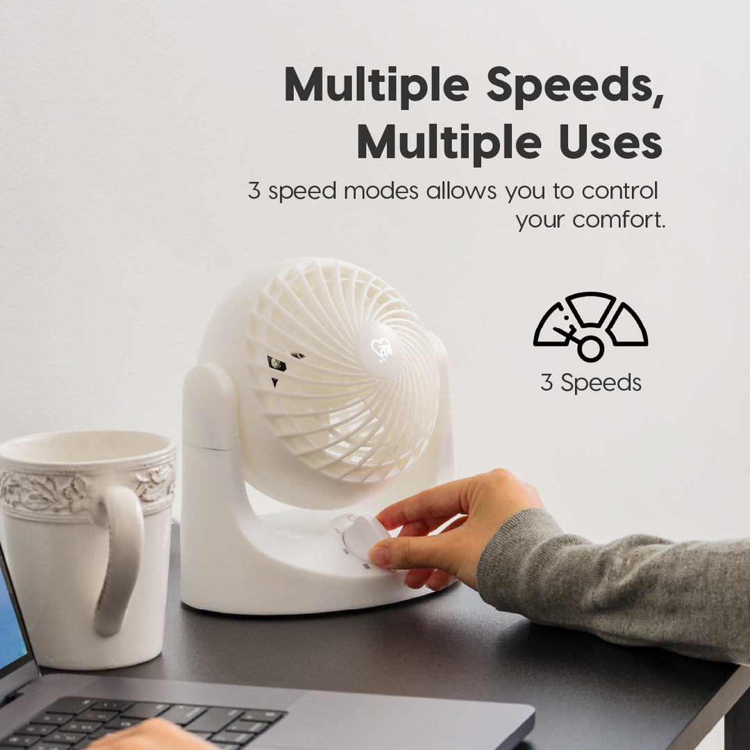 IRIS Mini Desktop Fan Adjustable Tilt, 3 Speeds, 3 in. Fan, White - IRIS USA