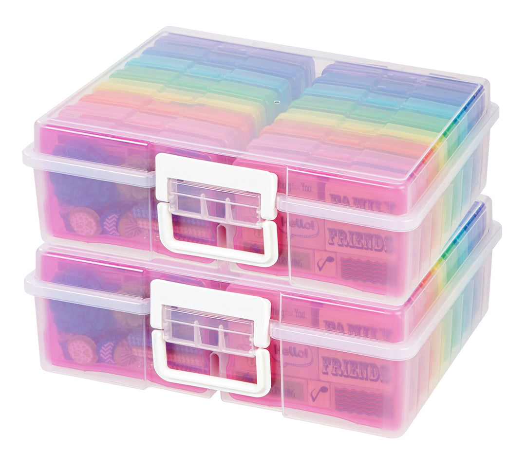 Stack of rainbow-colored storage boxes with 'FRIEND' text on a white background