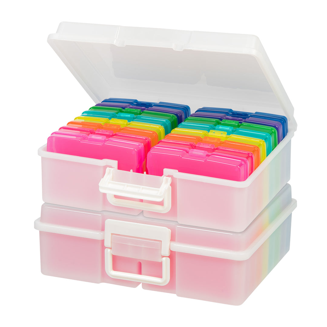 Colorful plastic storage box with compartments on a white background