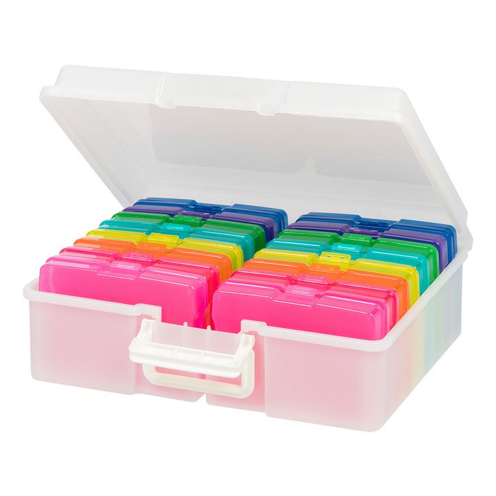 Colorful photo organizer with transparent lid on a white background


