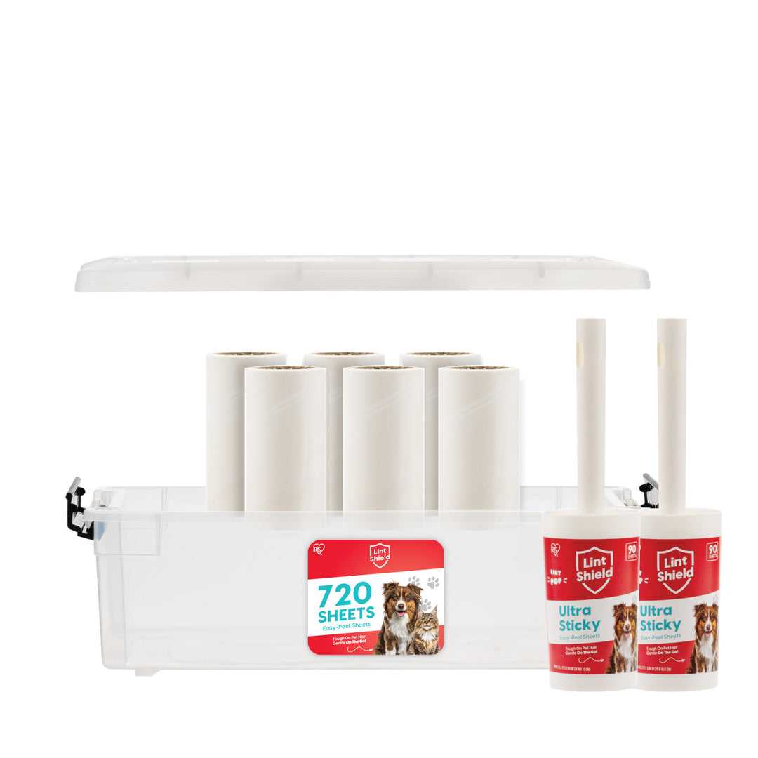 Extra Sticky Lint Roller Standard Value Pack Comes with Storage Box and Refills, 90 Sheets/Roll, 720 Sheets - IRIS USA