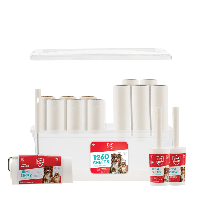 Extra Sticky Lint Roller Value Pack, Comes with Storage Box, Standard and T-Handle Roller, Refills, 90 Sheets/Roll, 1260 Sheets - IRIS USA