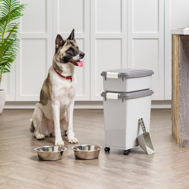 Airtight Dog Food Storage Container with Wheels, Up to 30 lbs & 11 lbs, 2-Cup Scoop, Cat Dog Treat Wet Food Cans Toys Storage Container, Stackable, Portable, Gray - IRIS USA