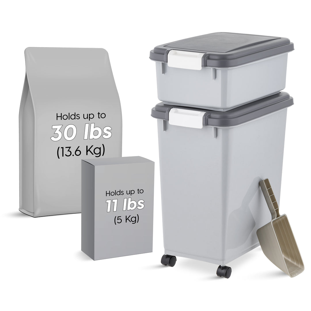 Airtight Dog Food Storage Container with Wheels, Up to 30 lbs & 11 lbs, 2-Cup Scoop, Cat Dog Treat Wet Food Cans Toys Storage Container, Stackable, Portable, Gray - IRIS USA