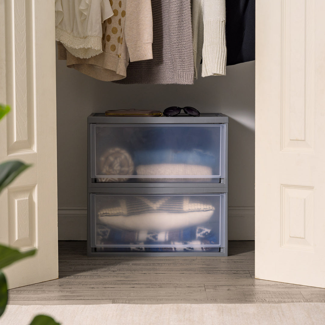 47 Qt. Extra Large Plastic Stackable Storage Drawers, Modular, Gray Clear, Set of 2 47 Qt. Extra Large Plastic Stackable Storage Drawers, Modular, Gray Clear, Set of 2