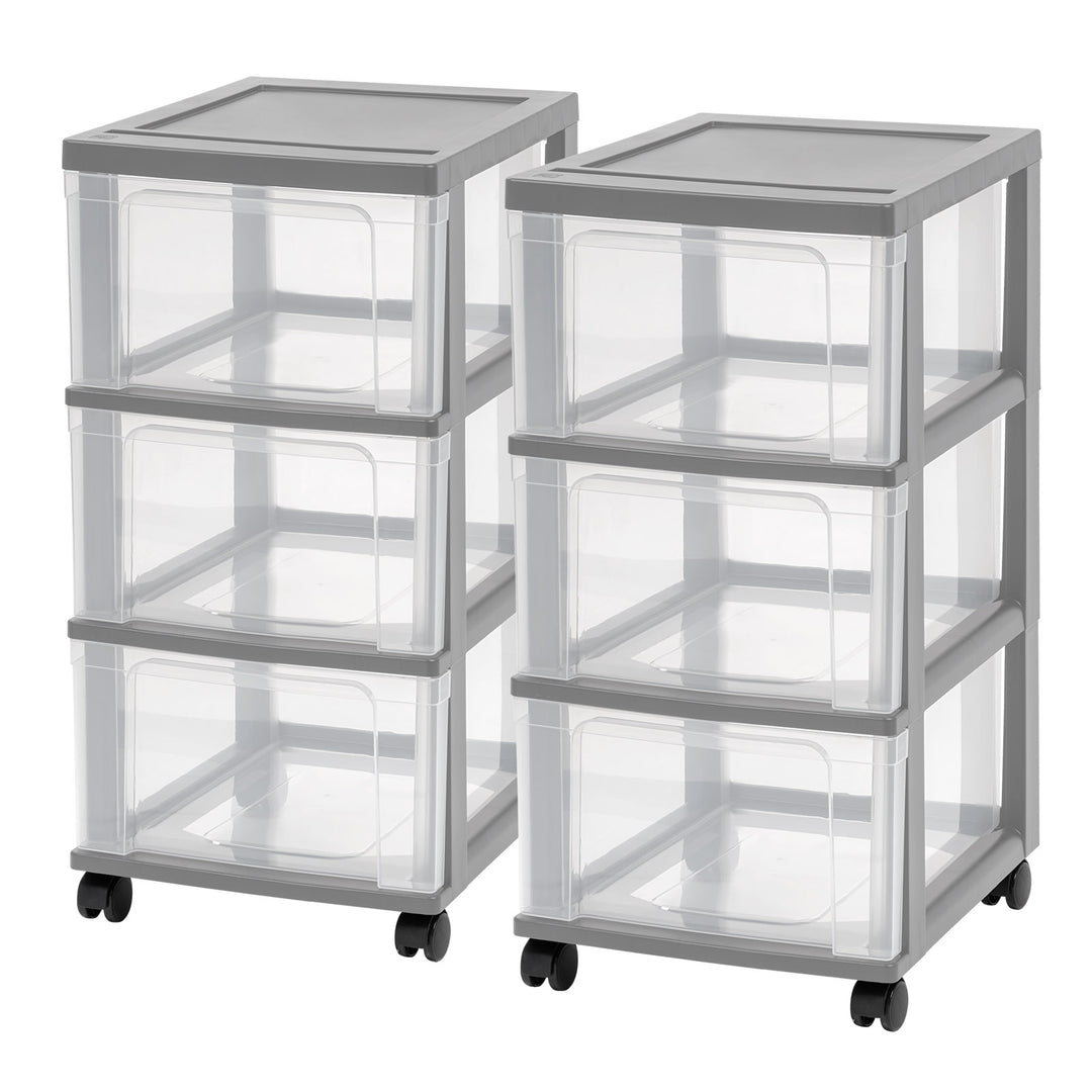 3-Drawer Narrow Plastic Storage Drawer Cart, Gray, Set of 2