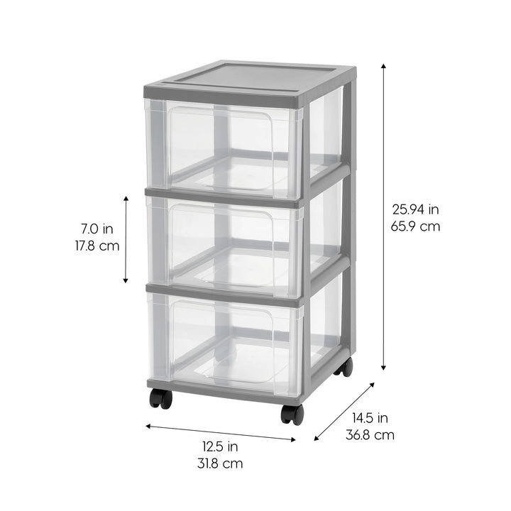 3-Drawer Narrow Plastic Storage Drawer Cart, Gray, Set of 2