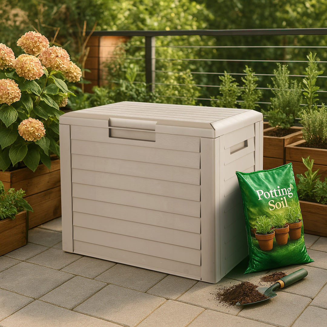 IRIS 35-Gal Outdoor Deck Storage Box, Lockable & UV-Protected, Weather-Resistant Patio Storage for Cushions, Beige