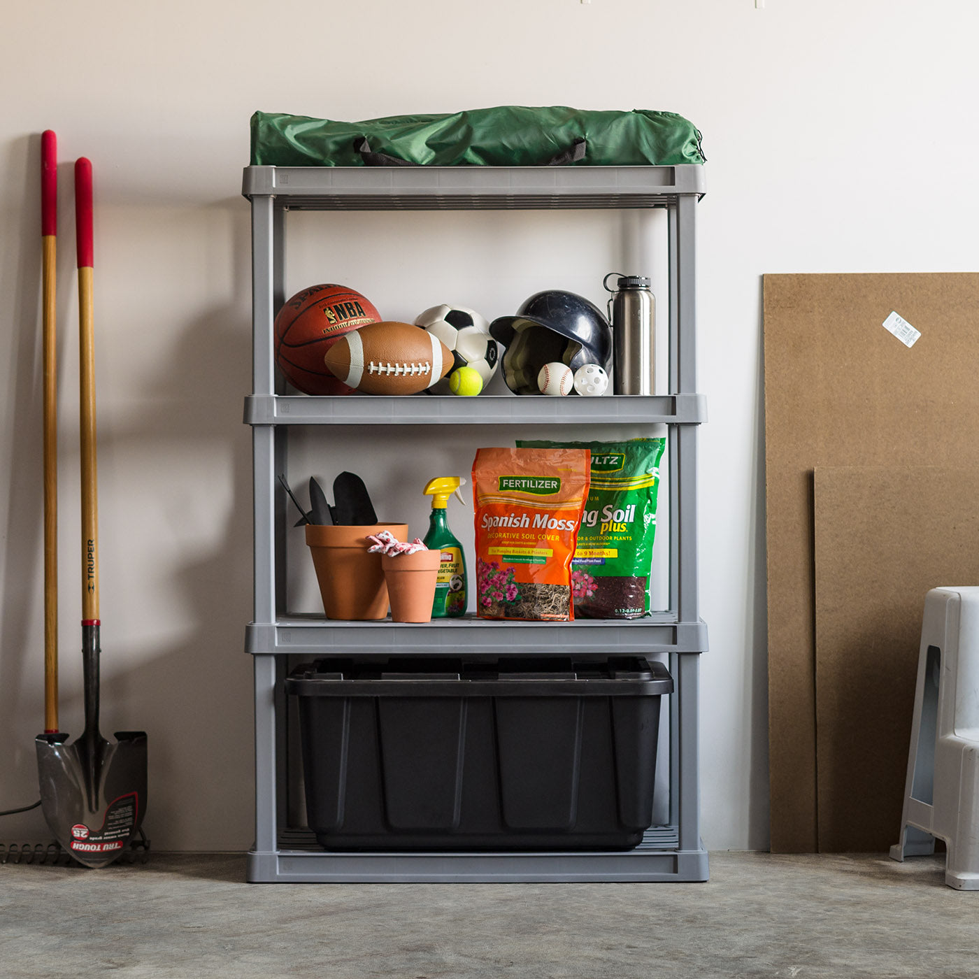 Part Rack Plastic Shelf 4-Tier Wide Plastic Rack Storage Shelf with 400lb. Total Capacity, Ele ...