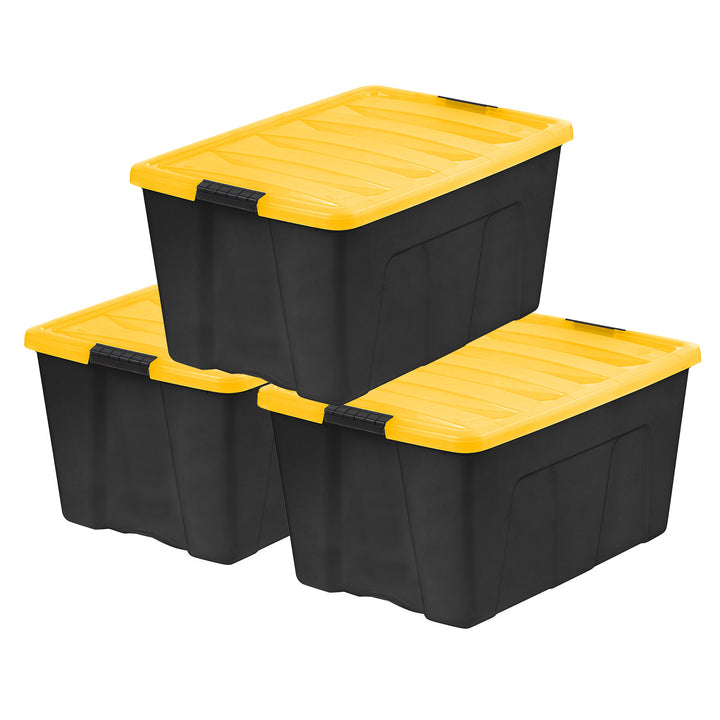 94 Qt. Plastic Storage Bins with Lids, Black, Latching, Stackable, Totes 3Pk