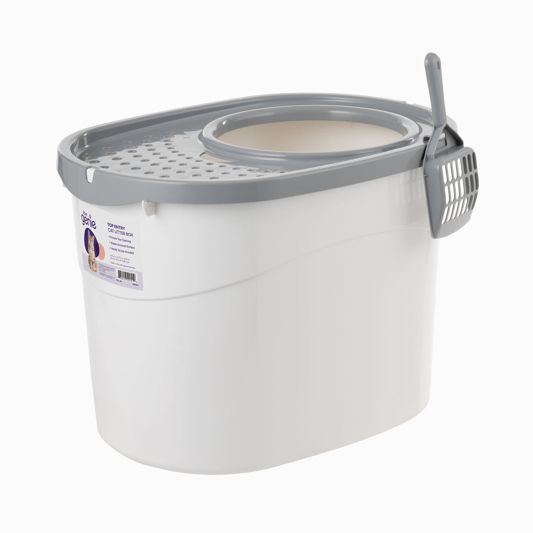 Litter Genie Cat Litter Box, Large Top Entry with Litter Catching Lid and Scoop, Dog Proof - IRIS USA