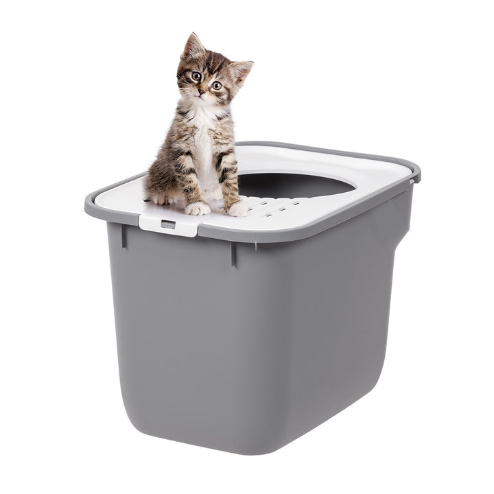 Top Entry Cat Litter Box with Scoop Large, White/Gray