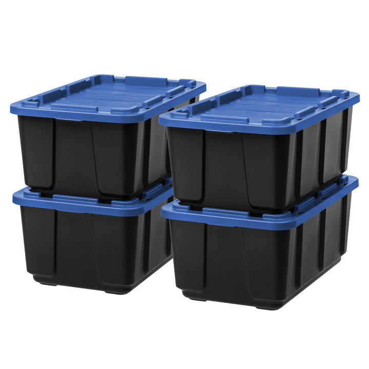 27 Gal. Stackable Storage Totes with Lids, Black - Blue, 4Pk