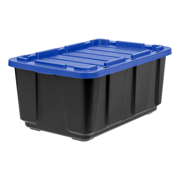 27 Gal. Stackable Storage Totes with Lids, Black - Blue, 4Pk
