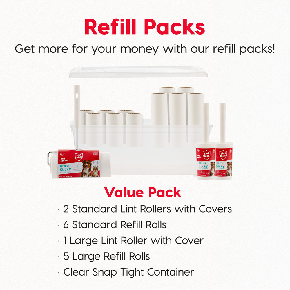 Extra Sticky Lint Roller Value Pack, Comes with Storage Box, Standard and T-Handle Roller, Refills, 90 Sheets/Roll, 1260 Sheets - IRIS USA
