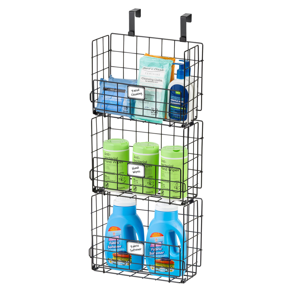 Black over the door wire basket organizer with three hanging storage baskets