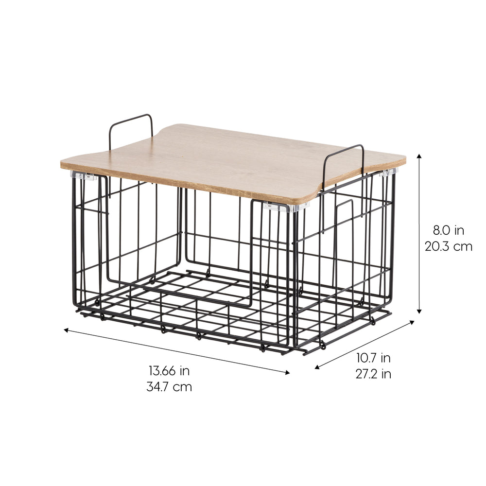 Collapsible Square Wire Basket Storage with Wooden Lid, 2 Pack - IRIS USA