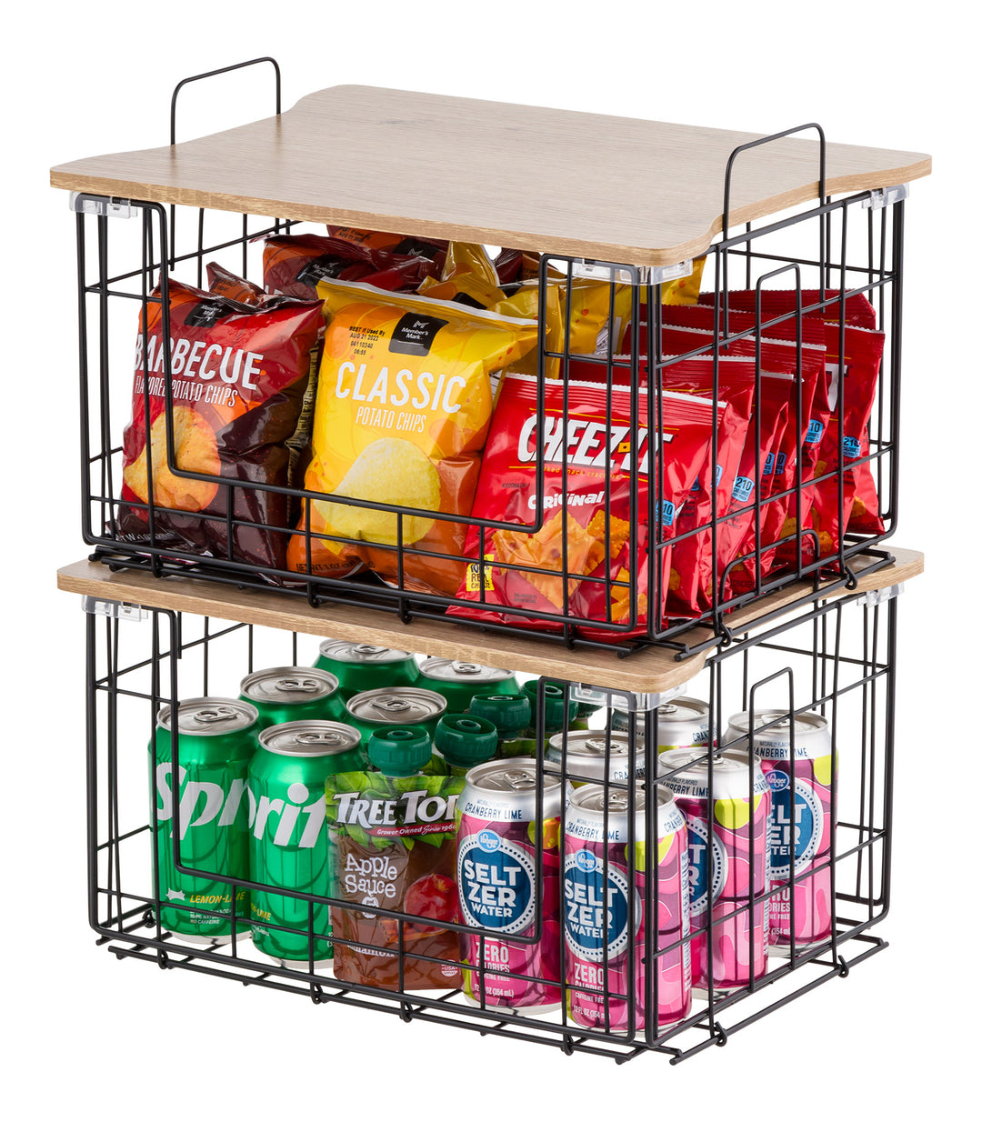 Collapsible Square Wire Basket Storage with Wooden Lid, 2 Pack - IRIS USA
