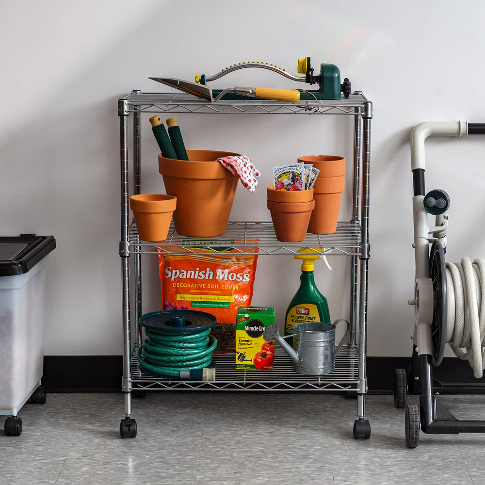 3-Tier Metal Wire Shelf Storage Unit with Casters Wheels, Silver - IRIS USA, Inc.