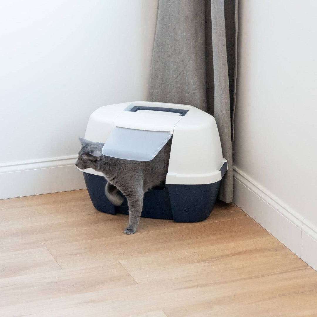 Large Hooded Corner Litter Box with Scoop, Navy – IRIS USA