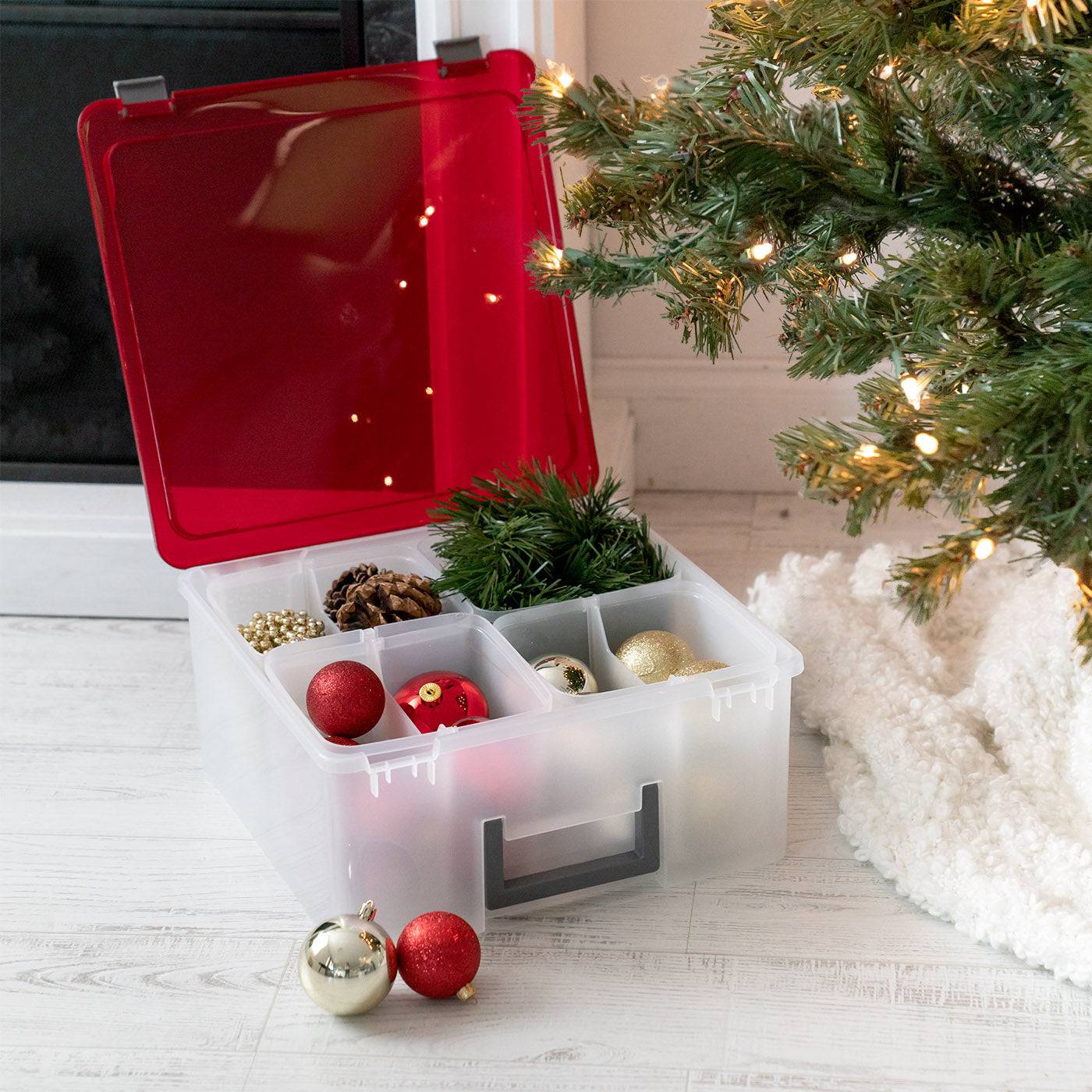 26.7 Qt. Portable Divider Holiday Storage Bin, Clear/Red – IRIS USA