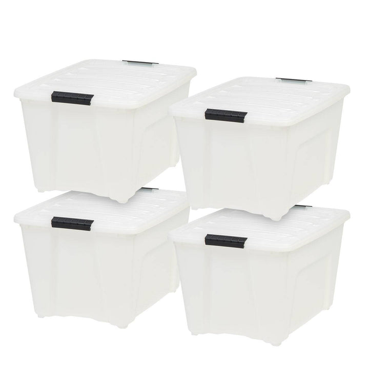 IRIS USA 53 Qt. Plastic Storage Bin Tote Organizing Container with Durable Lid and Secure Latching Buckles, Stackable and Nestable, 4 Pack, Pearl with Black Buckle - IRIS USA, Inc.
