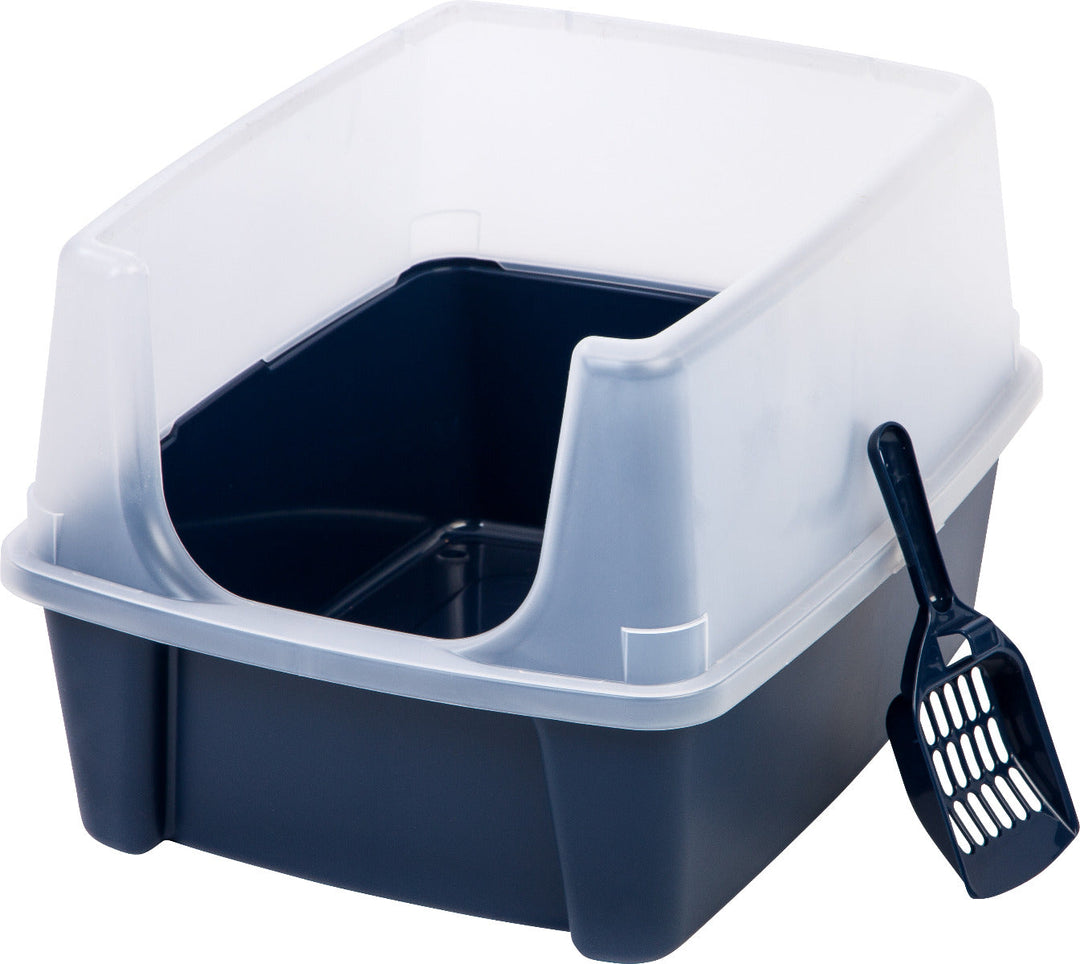 Open-Top Cat Litter Box with Shield and Scoop, Navy - IRIS USA, Inc.