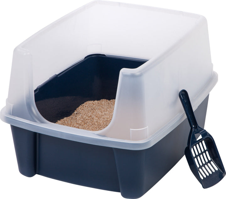 Open-Top Cat Litter Box with Shield and Scoop, Navy - IRIS USA, Inc.