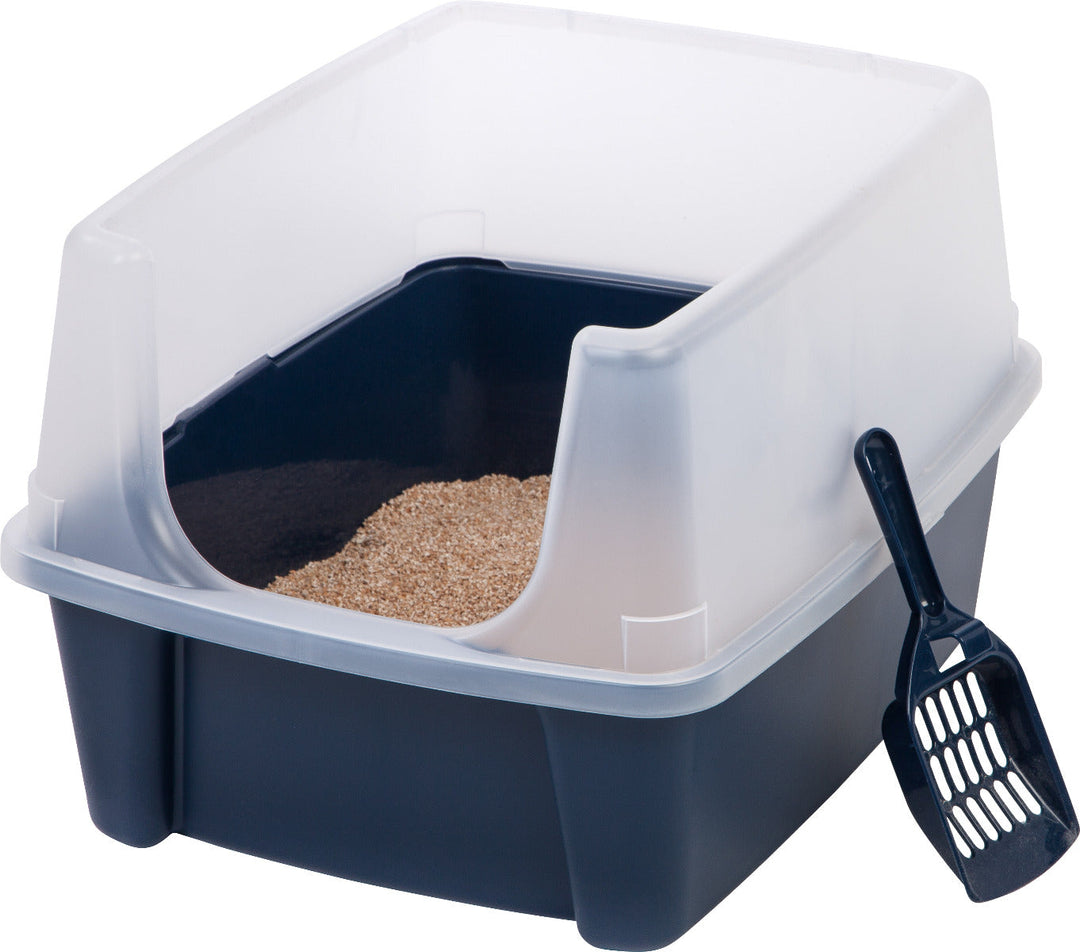 Open-Top Cat Litter Box with Shield and Scoop, Navy - IRIS USA, Inc.