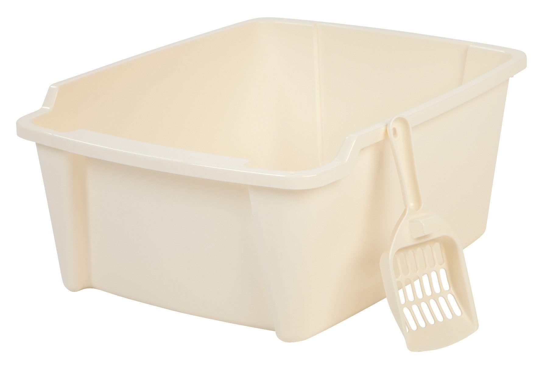 White IRIS USA high-sided open-top cat litter pan with matching scoop
