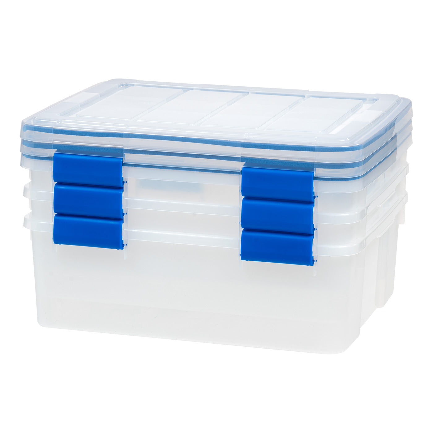 Iris USA 30 Quart Weatherpro Plastic Storage Box with Durable Lid and Seal and Secure Latching Buckles, Clear with Blue Buckles, Weathertight, 3 Pack