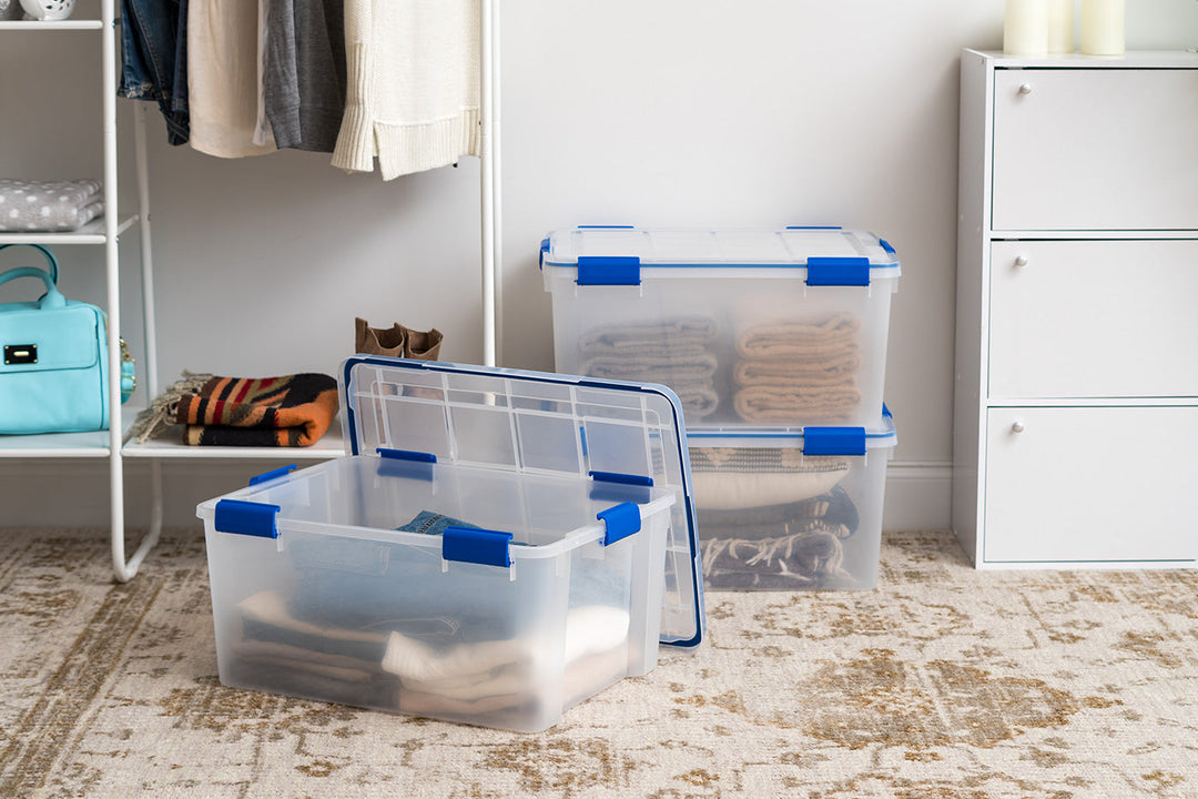 60 Quart WEATHERTIGHT Multi-Purpose Storage Box, Clear with Blue Buckles, 3 Pack - IRIS USA, Inc.