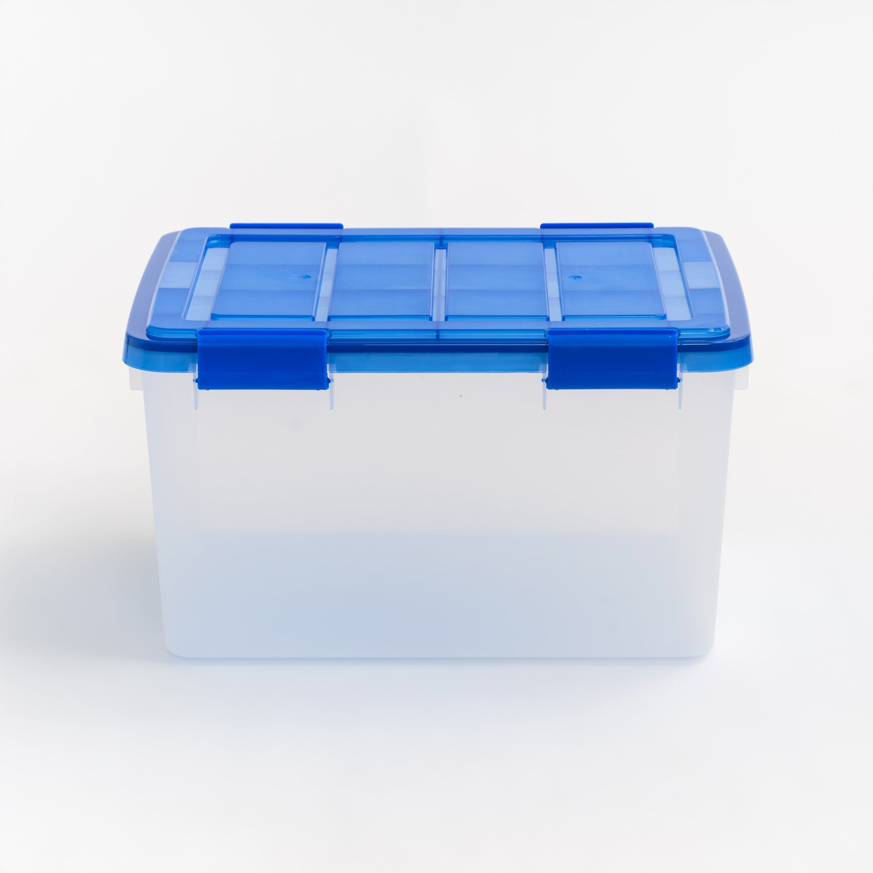 Iris 11 Gallon Clear Plastic Storage Boxes with Blue Lid, Pack of 4