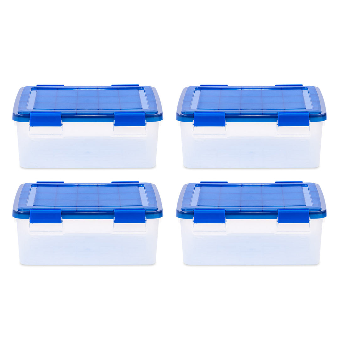 7.6 Gallon Element Resistant Clear Plastic storage Box, Lid Blue, Pack of 4 - IRIS USA, Inc.