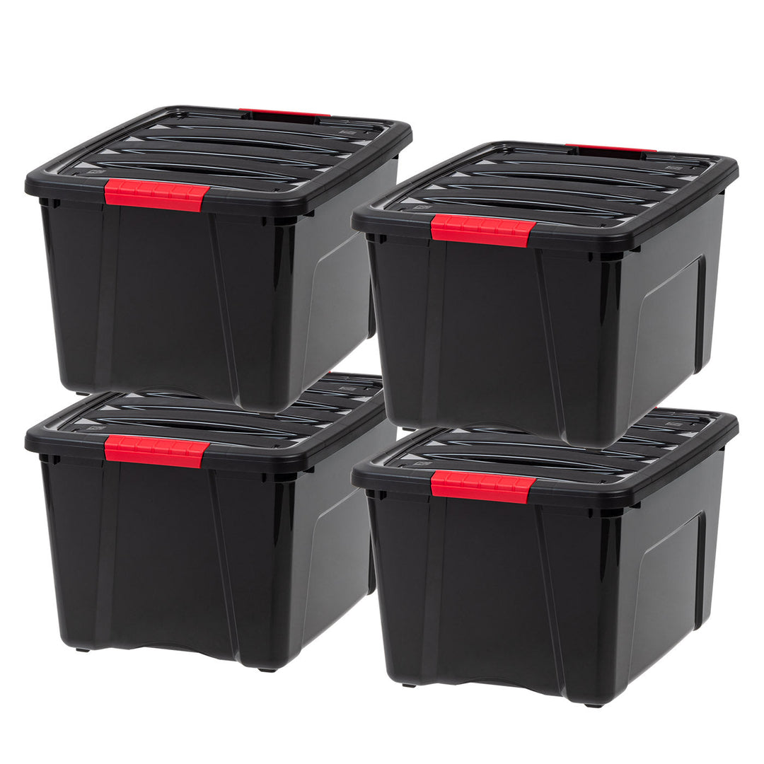 IRIS USA 40 Qt. Plastic Storage Bin Tote Organizing Container with Durable Lid and Secure Latching Buckles, Stackable and Nestable, 4 Pack, Black with Red Buckles - IRIS USA, Inc.