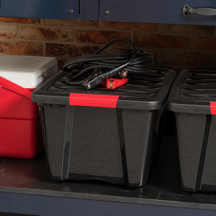 IRIS USA 32 Qt. Plastic Storage Bin Tote Organizing Container with Durable Lid and Secure Latching Buckles, Stackable and Nestable, 4 Pack, Black with Red Buckle - IRIS USA, Inc.
